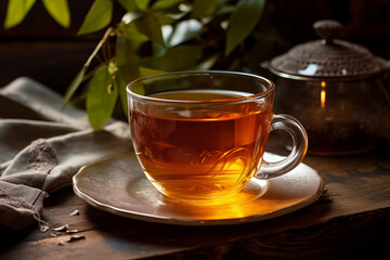 Fototapeta premium A glass cup of tea with sugar bowl and leaves on a wooden table surface