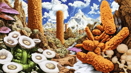 Surreal Alien Landscape: Textured Orange Columns, White Flowers, Mountain Vista.