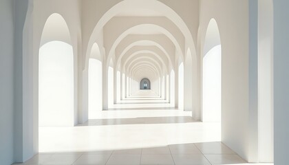 Naklejka premium Long corridor with white arches and natural light creating shadows in modern architecture