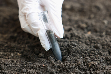 Scientist taking soil sample for research outdoors, closeup