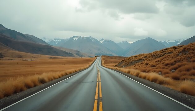 Long empty highway stretching through arid brown grassland towards distant snowy mountains under cloudy sky
