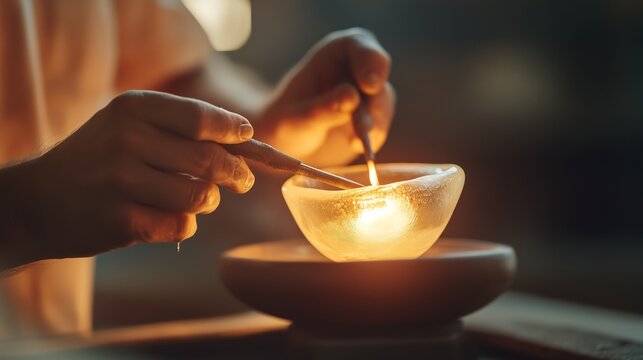 Artistic glassblowing process in a warm workshop at dusk with focus on delicate details