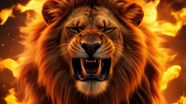 Fierce lion roaring in a dramatic fire backdrop with vibrant flames illuminating its magnificent mane