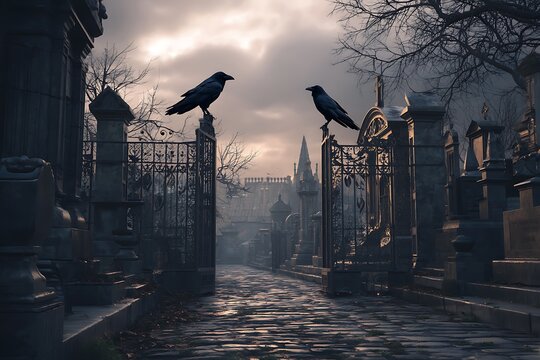 Cemetery's Guardians: Two crows perched atop the weathered gates, watching the serene yet somber atmosphere of a historic cemetery, embodying a sense of mystery and reflection.