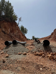 mountain construction drone view coniferous forest 4k. construction of gas pipelines in the...
