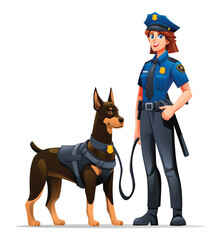 Female police officer and her Doberman K9 partner standing together, symbolizing their strong partnership. Vector cartoon illustration