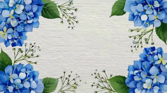 Blue Hydrangea Frame Loop. Watercolor Floral Border Animation.
