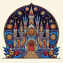 Stained glass style illustration of a fantasy castle with intricate details and vibrant colors.
