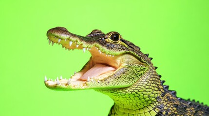 Fototapeta premium Young alligator, open mouth, green screen, studio shot, wildlife