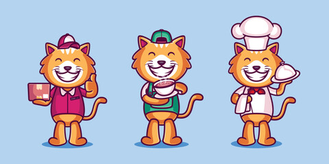 Three smiling cats in uniform delivery barista and chef on a light blue background