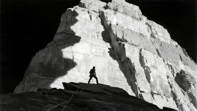 A lone climber ascends a steep, shadowed rock face under dramatic lighting.