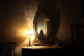 Mirror's Shadow: A vintage mirror reflects a shadowy presence in a dimly lit room, evoking a sense of mystery and introspection, illuminated by a lamp.