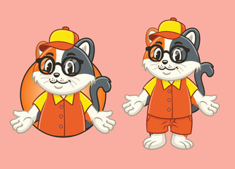 Two cartoon cats one with a circle background and another with shorts are wearing yellow hats and orange vests