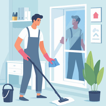 A man in overalls and pink gloves mops the floor while his reflection cleans a window in a bright room.