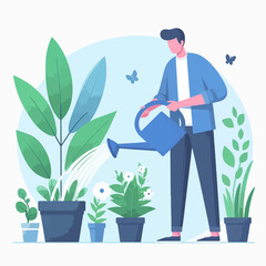 A man in a blue shirt and pants watering various potted plants with a blue watering can, surrounded by green foliage and two butterflies.