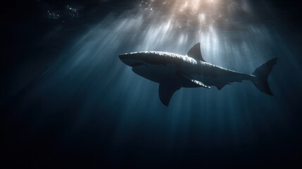 Majestic Great White Shark Silhouetted Against Sunbeams Piercing Deep Ocean Darkness