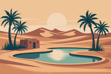 Obraz premium An enchanting desert oasis scene unfolds under the warm glow of a setting sun, featuring a tranquil pool of water surrounded by towering palm trees. 