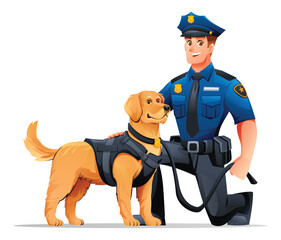 Police officer kneeling beside his Golden Retriever K9 partner, ready for public service. Vector cartoon illustration