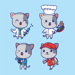 Four cartoon cats dressed in different professions against a light blue background