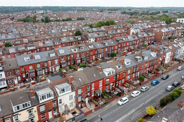 Aerial drone photo of the city of Leeds showing the area know as Harehills with rows of typical...
