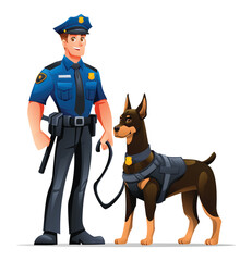 Police officer standing with his Doberman K9 partner, highlighting their dedicated partnership. Vector cartoon illustration