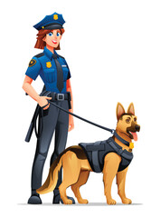 Female police officer and her K9 German Shepherd partner on duty, a brave and dedicated team. Vector cartoon illustration