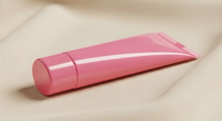 Pink Cosmetic Tube on Beige Fabric Background