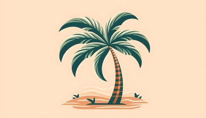 Obraz premium Flat tropical tree illustration featuring gently curved trunk and wide green fronds on warm sand-toned backdrop for summer concept