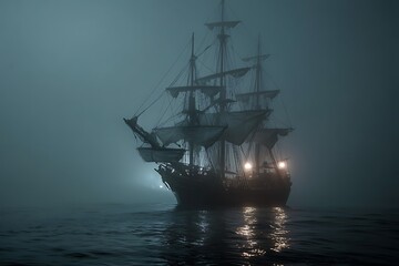 Ghost Ship in Fog: A majestic sailing ship emerges from a dense fog, its silhouette stark against the dim light.  The scene evokes mystery and adventure on the open sea. 