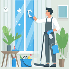 Illustration of a man in an apron and gloves meticulously cleaning a window in a modern living room.
