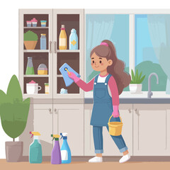 A young girl wearing overalls and pink gloves is cleaning a kitchen cabinet with a blue cloth and a yellow bucket.