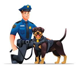 Police officer kneeling beside his K9 Rottweiler partner, showcasing their strong bond. Vector cartoon illustration