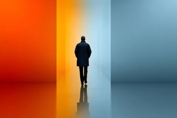 Obraz premium Businessman walking towards light in colorful corridor