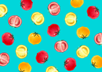 トマト　野菜　背景 模様 水色　水彩 イラスト