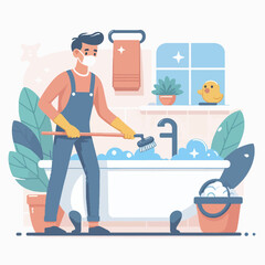 Obraz premium A man wearing a mask and gloves is cleaning a bathtub with a brush and soap suds.
