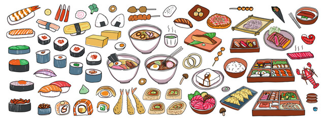 set of Japanese food menu items isolated on a white background, including sushi, sashimi, ramen, and noodles. Illustrated with colored outlines. Vector and illustration.