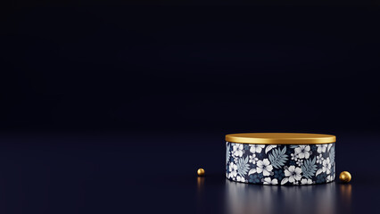 3D round podium in dark blue and gold with hibiscus flower pattern on the right, website banner, cosmetic scene, product display, and elegant presentation background, not AI generated