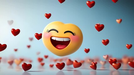 A joyful yellow heart emoji with a big smile surrounded by floating red hearts on a soft blue background - Powered by Adobe