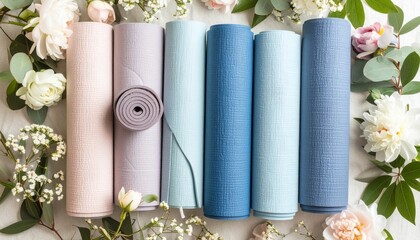 Diverse collection of yoga mats displayed on cotton background with cool brightness appeal