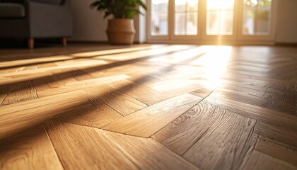 Sunlit Herringbone Wood Floor Warm Home Interior Design.