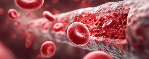 Fototapeta premium Plaque formation in artery damage and silent symptoms concept. Detailed view of blood cells within a human bloodstream.