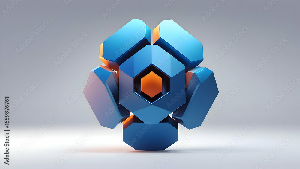 Fototapete abstract geometric orbular structure featuring interlocking blue panels and orange core illumination