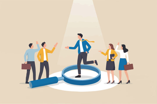 Business people gathered around a magnifying glass one person highlighted by a spotlight isolated on transparent background