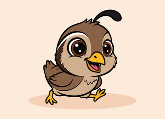 cute little quail with big eyes running and smiling happy