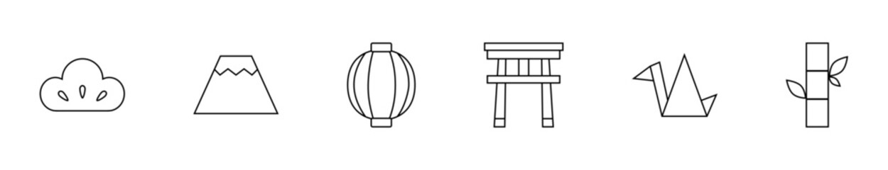 Japanese Culture Line Icons. Fuji, Shrine, Lantern & Nature Set