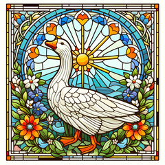 Fototapeta premium Ornate stained glass panel featuring a majestic white goose surrounded by flowers and a sunburst.