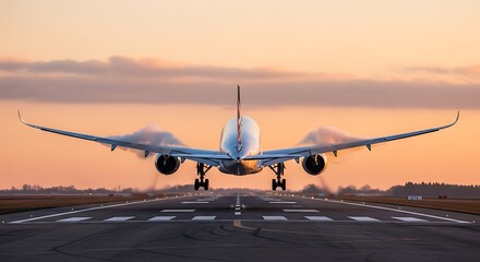 Airplane Landing with Wingtip Vortices at Sunset, Large passenger airplane landing on runway with sunrise or sunset color scheme in background