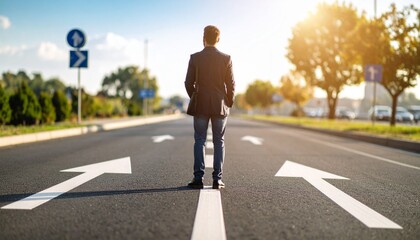 Man at Crossroads Making a Decision Business Choice.