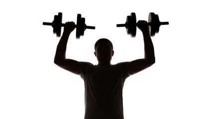 silhouette of man with dumbbells on white isolated background, core muscle training with heavy weight, sport and health concept