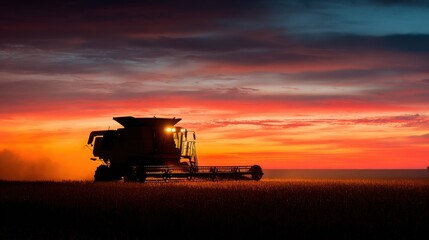 Fototapeta premium Silhouetted harvester working in a field at sunset, fiery sky backdrop.